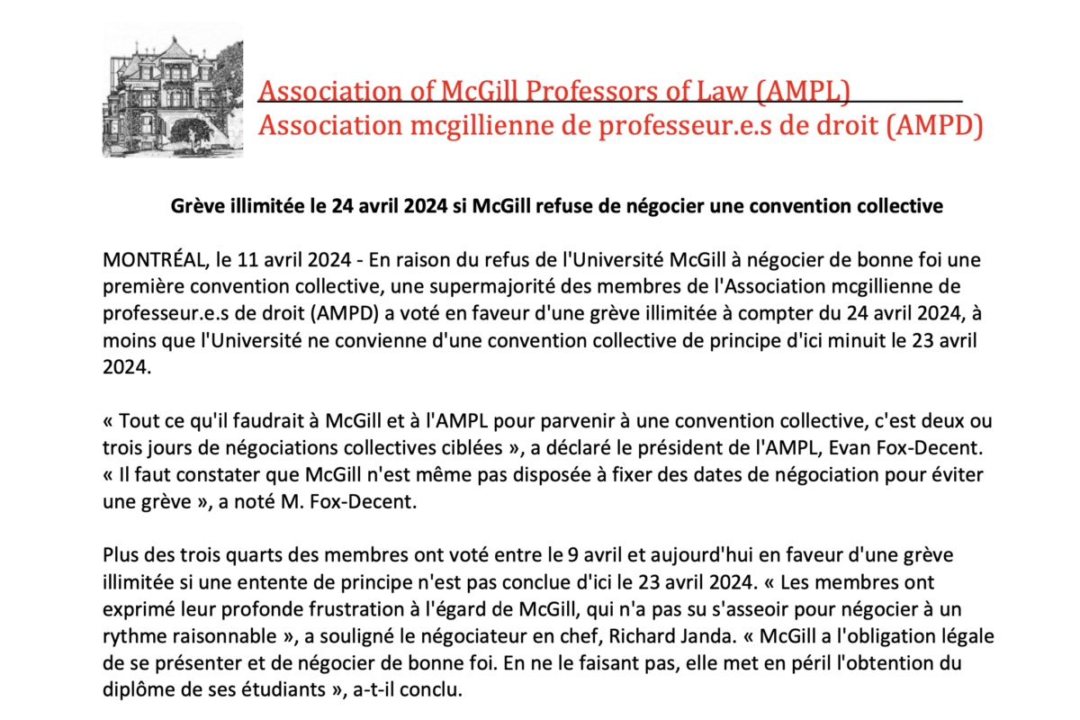Grève illimitée le 24 avril 2024 si McGill refuse de négocier une convention collective