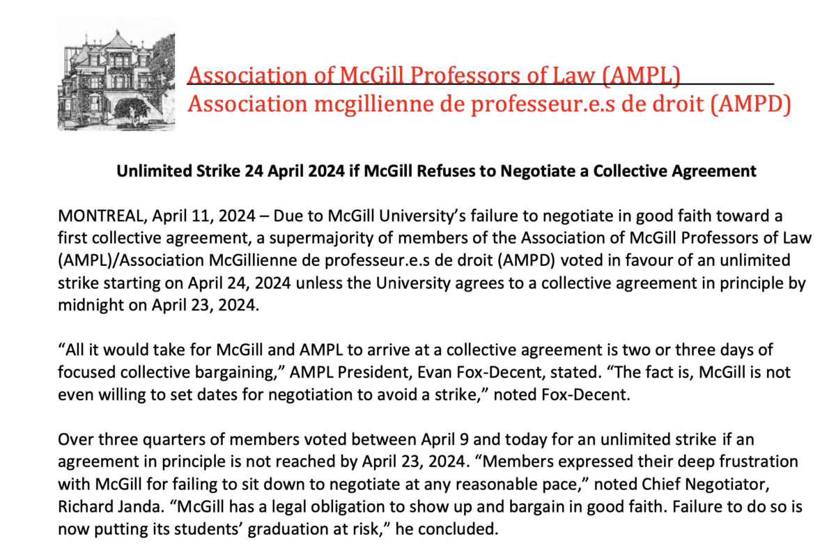 Unlimited Strike 24 April 2024 if McGill Refuses to Negotiate a Collective Agreement